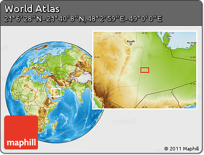 Physical Location Map of the Area around 21° 23' 18" N, 48° 31' 29" E