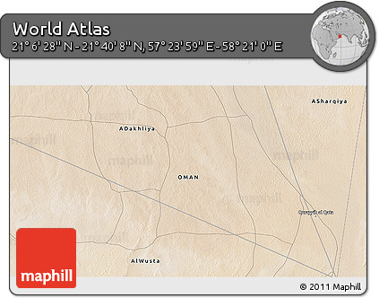 Satellite 3D Map of the Area around 21° 23' 18" N, 57° 52' 30" E