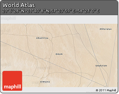 Satellite 3D Map of the Area around 21° 23' 18" N, 57° 52' 30" E