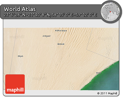 Satellite 3D Map of the Area around 21° 23' 18" N, 58° 43' 30" E