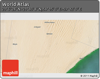 Satellite 3D Map of the Area around 21° 23' 18" N, 58° 43' 30" E