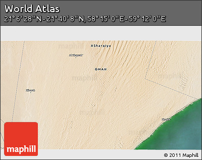 Satellite 3D Map of the Area around 21° 23' 18" N, 58° 43' 30" E