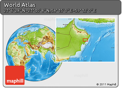 Physical Location Map of the Area around 21° 23' 18" N, 58° 43' 30" E