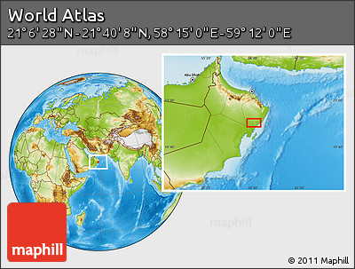 Physical Location Map of the Area around 21° 23' 18" N, 58° 43' 30" E