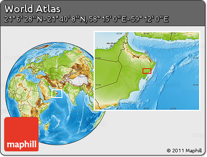 Physical Location Map of the Area around 21° 23' 18" N, 58° 43' 30" E