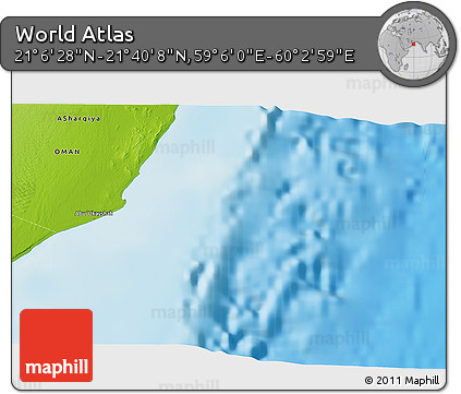 Physical 3D Map of the Area around 21° 23' 18" N, 59° 34' 30" E