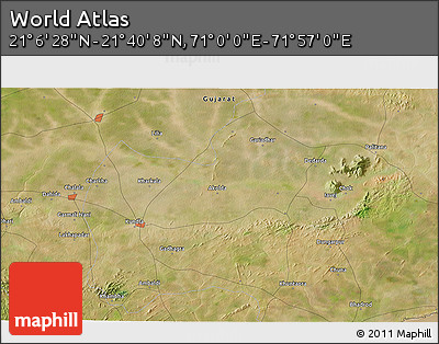 Satellite 3D Map of the Area around 21° 23' 18" N, 71° 28' 29" E