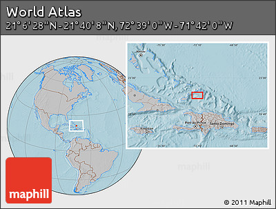 Gray Location Map of the Area around 21° 23' 18" N, 72° 10' 30" W, hill shading