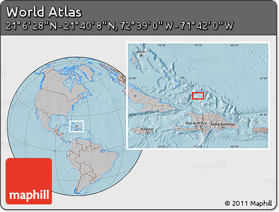 Gray Location Map of the Area around 21° 23' 18" N, 72° 10' 30" W, hill shading