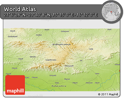 Physical 3D Map of the Area around 21° 23' 18" N, 75° 43' 29" E