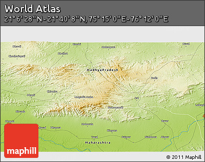 Physical 3D Map of the Area around 21° 23' 18" N, 75° 43' 29" E