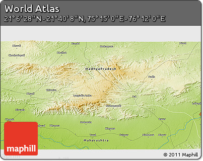 Physical 3D Map of the Area around 21° 23' 18" N, 75° 43' 29" E