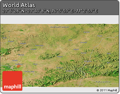 Satellite 3D Map of the Area around 21° 23' 18" N, 76° 34' 29" E