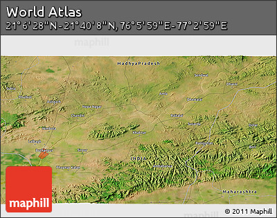 Satellite 3D Map of the Area around 21° 23' 18" N, 76° 34' 29" E