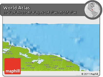 Physical 3D Map of the Area around 21° 23' 18" N, 76° 25' 30" W