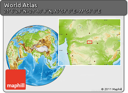Physical Location Map of the Area around 21° 23' 18" N, 77° 25' 30" E