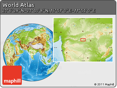 Physical Location Map of the Area around 21° 23' 18" N, 77° 25' 30" E