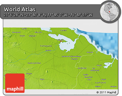Physical 3D Map of the Area around 21° 23' 18" N, 77° 16' 30" W