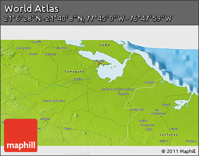 Physical 3D Map of the Area around 21° 23' 18" N, 77° 16' 30" W