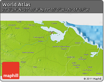 Physical 3D Map of the Area around 21° 23' 18" N, 77° 16' 30" W