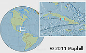 Savanna Style Location Map of the area around 21° 23' 18" N, 78° 58' 29" W, hill shading