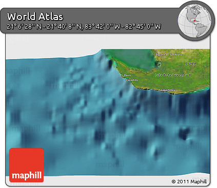 Satellite 3D Map of the Area around 21° 23' 18" N, 83° 13' 29" W