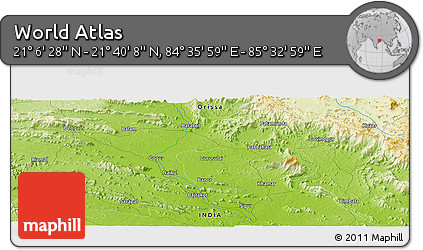 Physical Panoramic Map of the Area around 21° 23' 18" N, 85° 4' 29" E