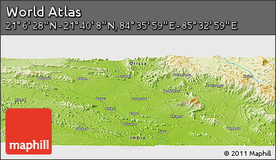 Physical Panoramic Map of the Area around 21° 23' 18" N, 85° 4' 29" E