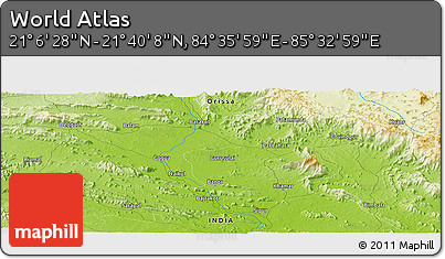 Physical Panoramic Map of the Area around 21° 23' 18" N, 85° 4' 29" E