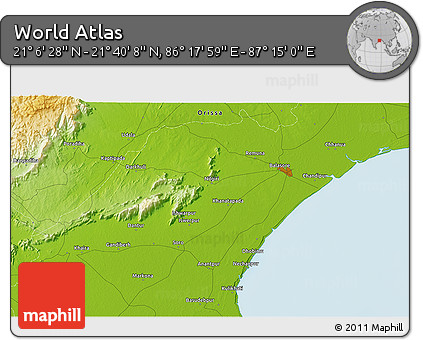 Physical 3D Map of the Area around 21° 23' 18" N, 86° 46' 30" E