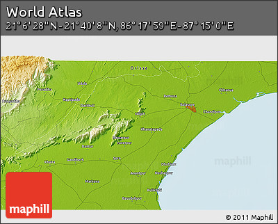Physical 3D Map of the Area around 21° 23' 18" N, 86° 46' 30" E