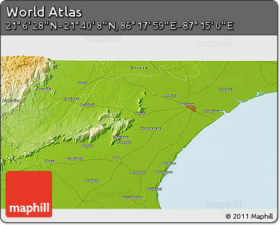 Physical 3D Map of the Area around 21° 23' 18" N, 86° 46' 30" E