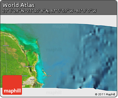 Satellite 3D Map of the Area around 21° 23' 18" N, 86° 37' 30" W
