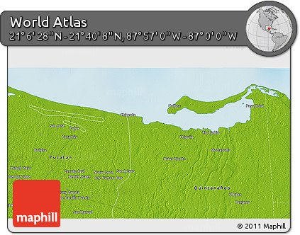 Physical 3D Map of the Area around 21° 23' 18" N, 87° 28' 29" W