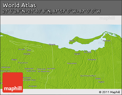 Physical 3D Map of the Area around 21° 23' 18" N, 87° 28' 29" W