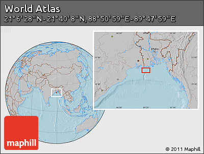 Gray Location Map of the Area around 21° 23' 18" N, 89° 19' 29" E, hill shading