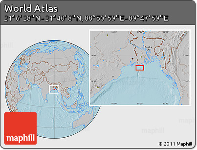 Gray Location Map of the Area around 21° 23' 18" N, 89° 19' 29" E, hill shading