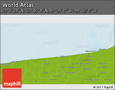 Physical 3D Map of the Area around 21° 23' 18" N, 89° 10' 30" W