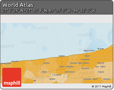 Political 3D Map of the Area around 21° 23' 18" N, 89° 10' 30" W