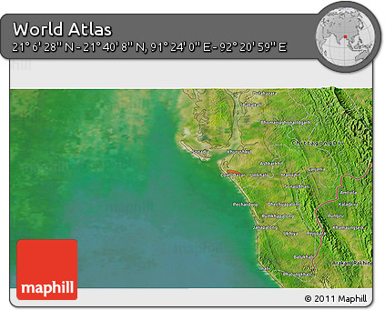 Satellite 3D Map of the Area around 21° 23' 18" N, 91° 52' 30" E