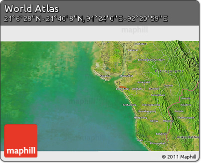 Satellite 3D Map of the Area around 21° 23' 18" N, 91° 52' 30" E
