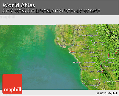 Satellite 3D Map of the Area around 21° 23' 18" N, 91° 52' 30" E