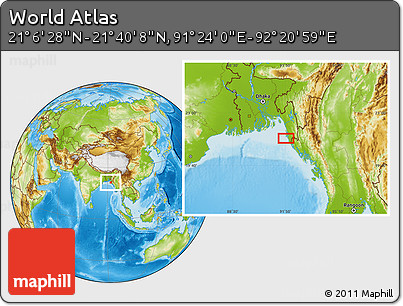 Physical Location Map of the Area around 21° 23' 18" N, 91° 52' 30" E