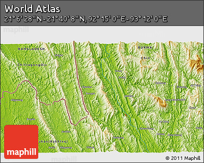 Physical 3D Map of the Area around 21° 23' 18" N, 92° 43' 29" E