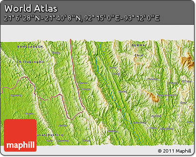 Physical 3D Map of the Area around 21° 23' 18" N, 92° 43' 29" E