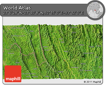 Satellite 3D Map of the Area around 21° 23' 18" N, 92° 43' 29" E