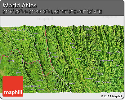 Satellite 3D Map of the Area around 21° 23' 18" N, 92° 43' 29" E