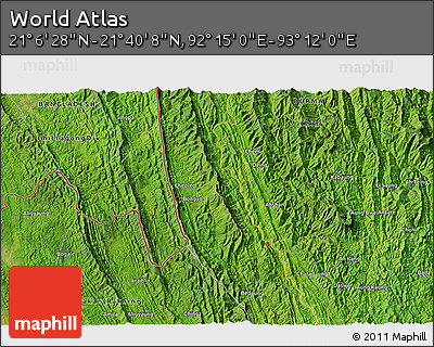 Satellite 3D Map of the Area around 21° 23' 18" N, 92° 43' 29" E