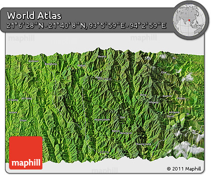 Satellite 3D Map of the Area around 21° 23' 18" N, 93° 34' 29" E