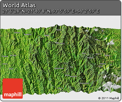 Satellite 3D Map of the Area around 21° 23' 18" N, 93° 34' 29" E
